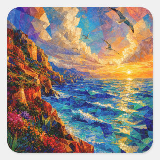 “Where The Ocean Fractures” – A Cubist Seascape Square Sticker