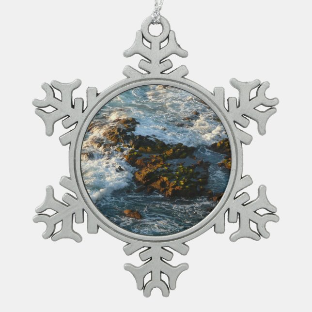 Where the Ocean Meets the Rocks Snowflake Pewter Christmas Ornament (Front)