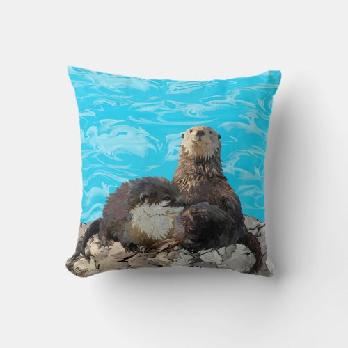 Where the River Meets the Sea Otters Throw Pillow