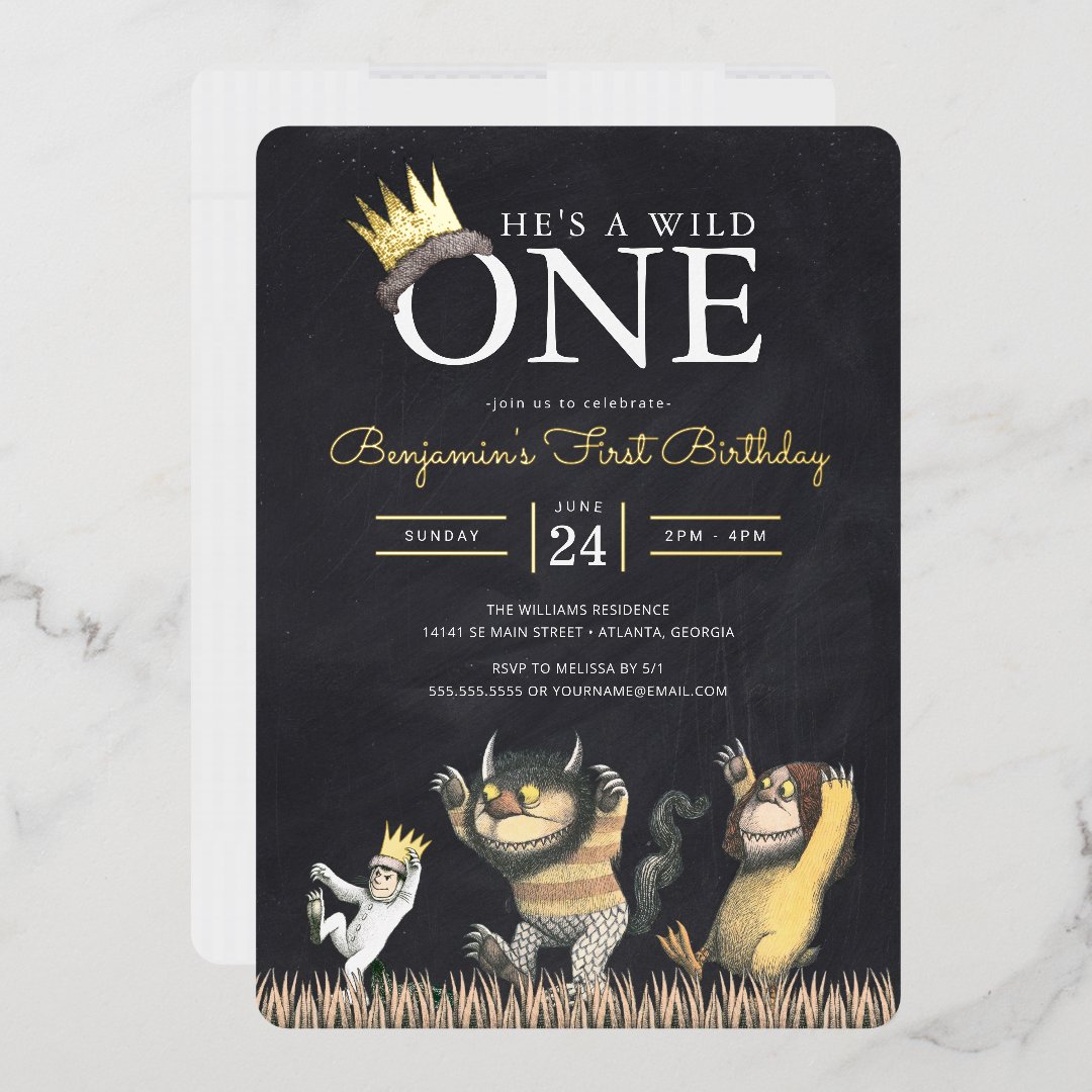 Where the Wild Things Are Chalkboard 1st Birthday  Foil Invitation