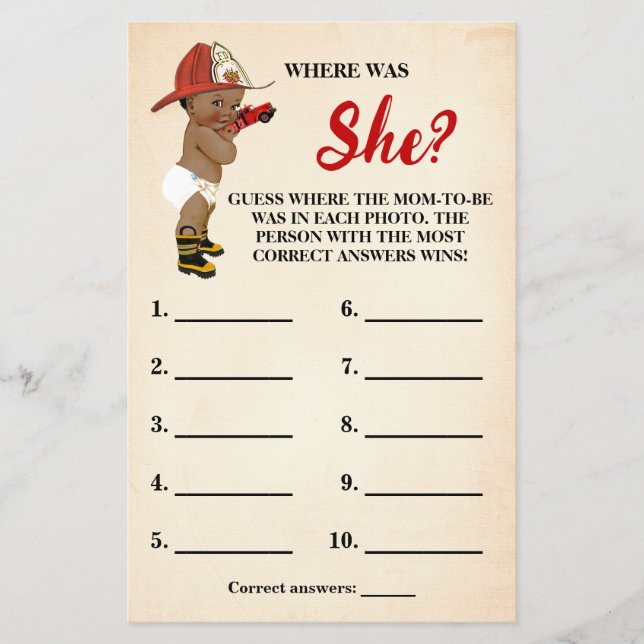 Where was Mom AA Fireman Baby Shower Game Card Flyer (Front)
