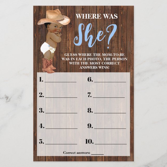Where was She AA Cowboy Baby Shower Game Card Flyer (Front)