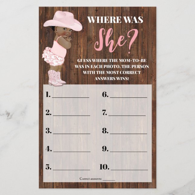 Where was She AA Cowgirl Baby Shower Game Card Flyer (Front)