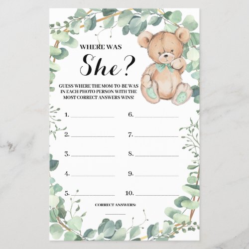 Where was She Bear Greenery Baby Shower Game Card Flyer