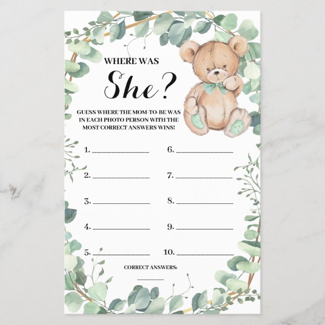 Where was She Bear Greenery Baby Shower Game Card Flyer (Front)
