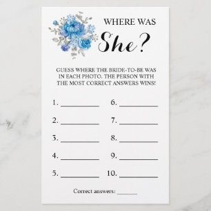 Where was She? Blue Flower Shower Game Card Flyer