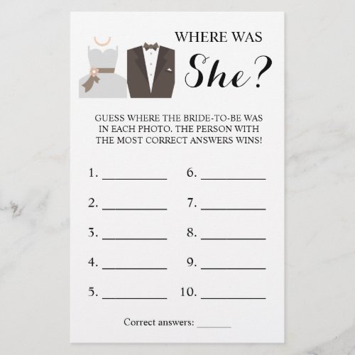 Where was She Bride  Groom Shower Game Card Flyer