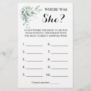 Where was She?Greenery eucalyptus Shower Game Card Flyer