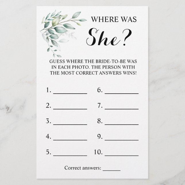 Where was She?Greenery eucalyptus Shower Game Card Flyer (Front)