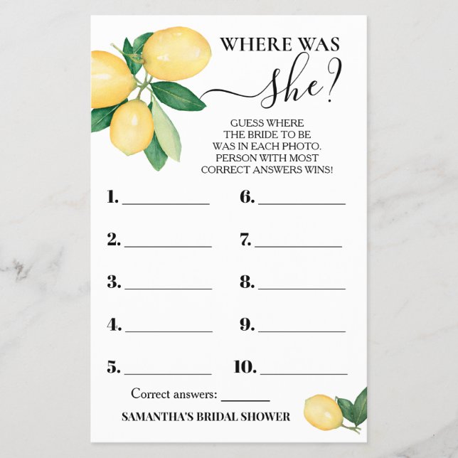Where was She Lemons Bridal Shower Game card Flyer (Front)