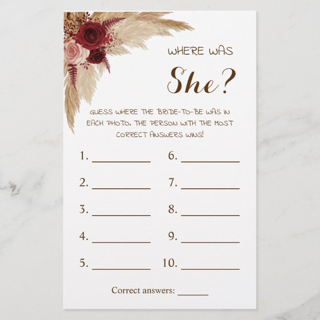 Where was She? Pampas Grass Shower Game Card Flyer (Front)