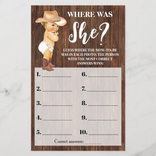Where was She Pink Cowboy Baby Shower Game Card Flyer