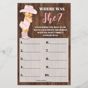 Where was She Pink Cowgirl Baby Shower Game Card Flyer