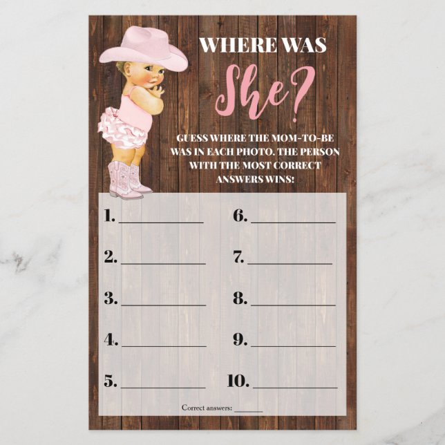 Where was She Pink Cowgirl Baby Shower Game Card Flyer (Front)
