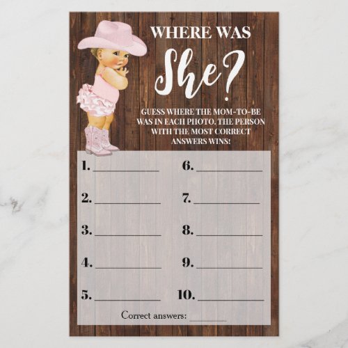 Where was She Pink Cowgirl Baby Shower Game Card Flyer