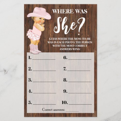 Where was She Pink Cowgirl Baby Shower Game Card Flyer