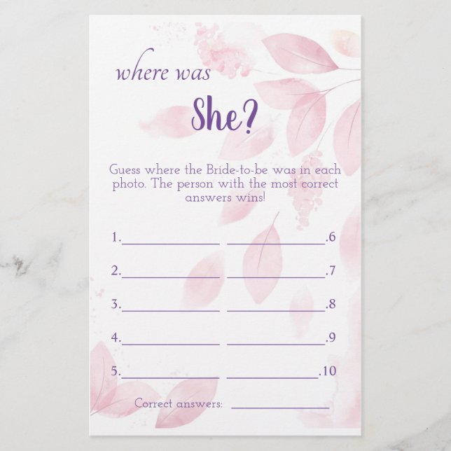 Where was She? - Pink Leaves Shower Game Card Flyer (Front)