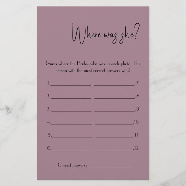 Where was She? Shower Game Card Flyer (Front)