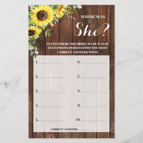 Where was She Sunflowers Bridal Shower Game Card Flyer