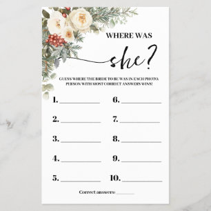 Where was She Winter Bridal Shower Game Card Flyer