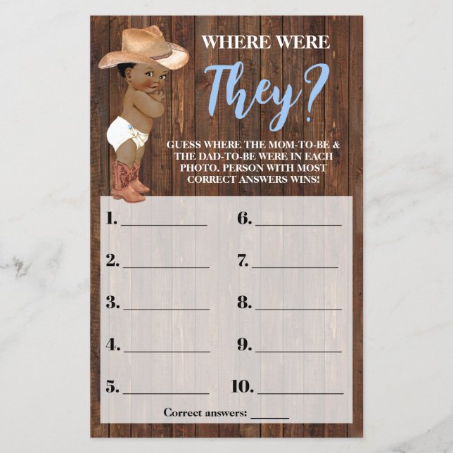 Where Were They AA Cowboy Baby Shower Game Card Flyer (Front)