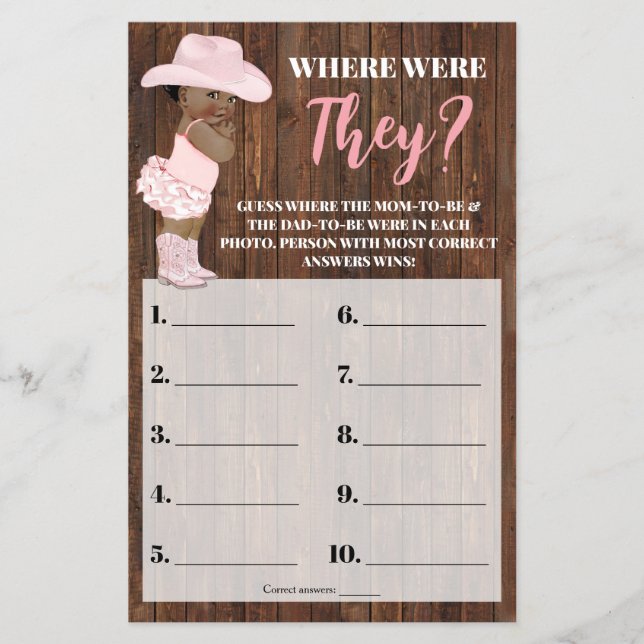 Where Were They AA Cowgirl Baby Shower Game Card Flyer (Front)