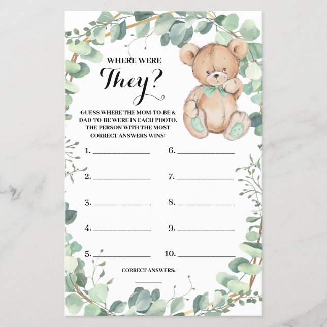 Where were They Bear Greenery Shower Game Card Flyer (Front)