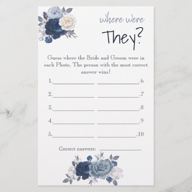 Where were They? Blue Flowers Shower Game Card Flyer (Front)