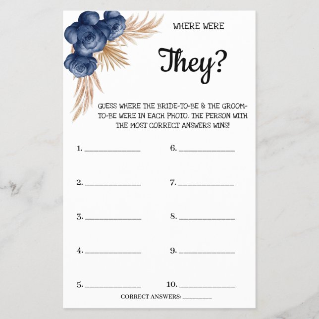 Where were They BlueFlower Bridal Shower Game Card Flyer (Front)