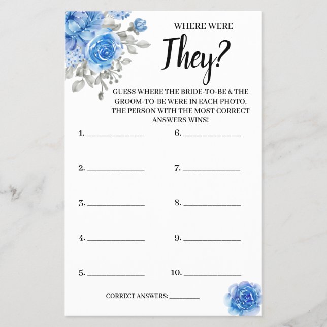 Where were They BlueFlower Bridal Shower Game Card Flyer (Front)