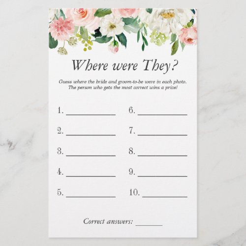 Where Were They Blush Floral Bridal Shower Game Flyer