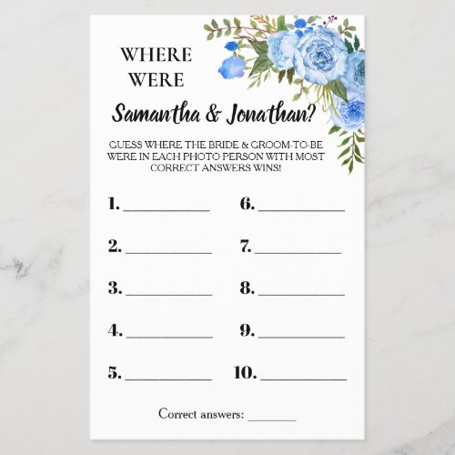 Where were They Bridal Shower bilingual game card Flyer