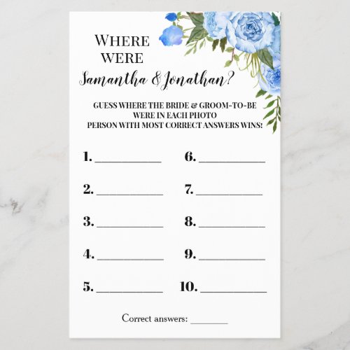 Where were they Bridal Shower Blue Game Card Flyer