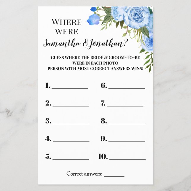 Where were they Bridal Shower Blue Game Card Flyer (Front)