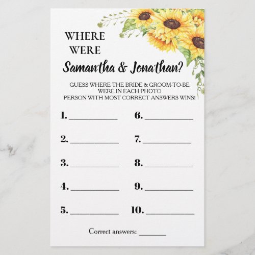 Where were They Bridal Shower Sunflowers Game Card Flyer