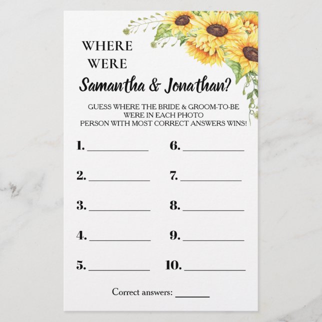 Where were They Bridal Shower Sunflowers Game Card Flyer (Front)