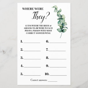 Where were They Eucalyptus Bridal Shower Game Card Flyer