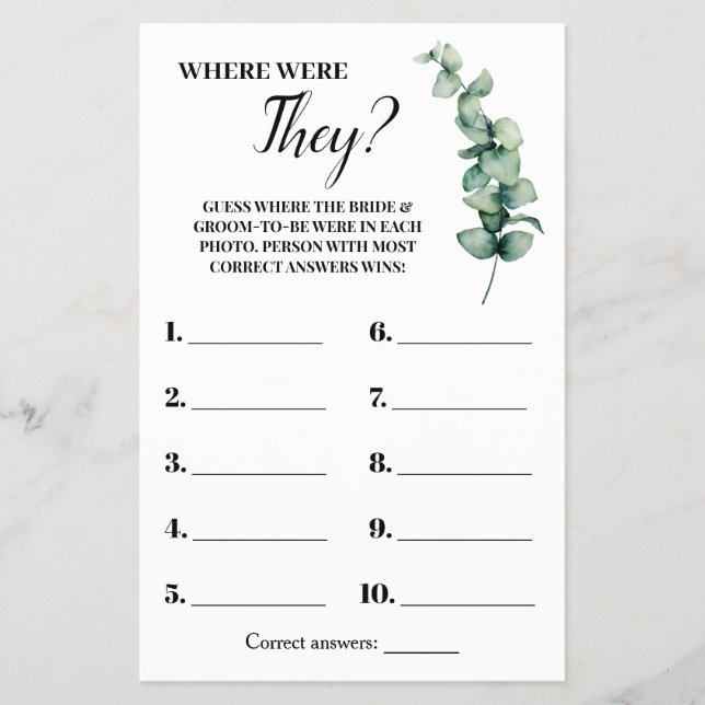 Where were They Eucalyptus Bridal Shower Game Card Flyer (Front)