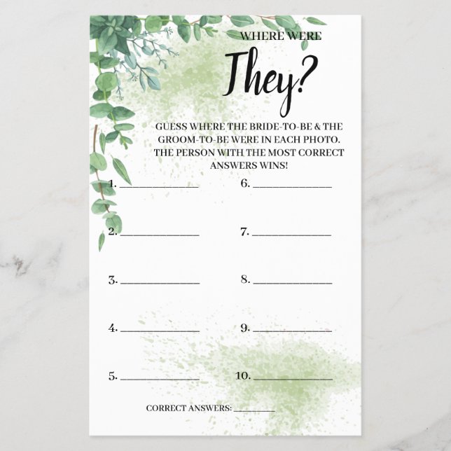 Where were They Eucalyptus Bridal Shower Game Card Flyer (Front)
