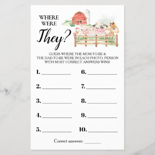 Where were They Farm Baby Shower Game Card Flyer