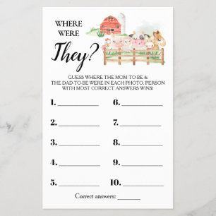 Where were They Farm Baby Shower Game Card Flyer