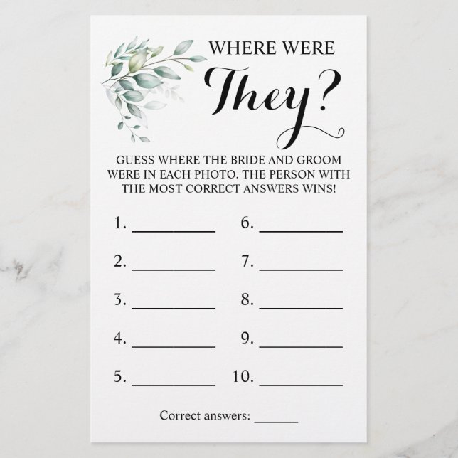 Where were They? Greenery Eucalyptus Game Card Flyer (Front)