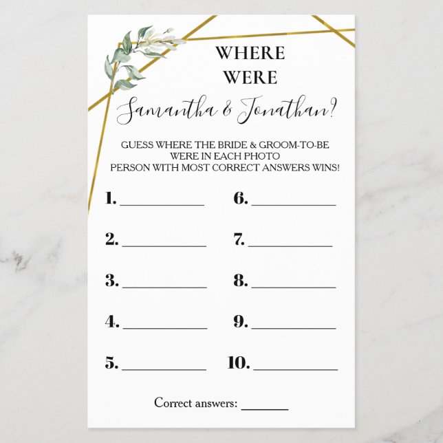 Where were They Greenery Gold shower card Flyer (Front)