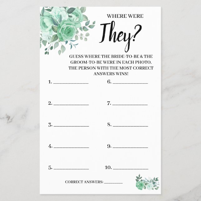 Where were They GreenRoses Bridal Shower Game Card Flyer (Front)