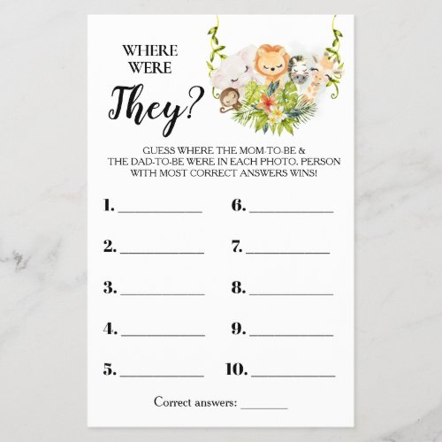 Where were They Jungle Baby Shower Game Card Flyer