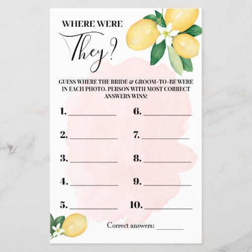 Where were They Lemon Pink Bridal Shower Game Card Flyer