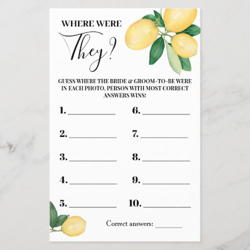 Where were They Lemons Bridal Shower Game Card Flyer