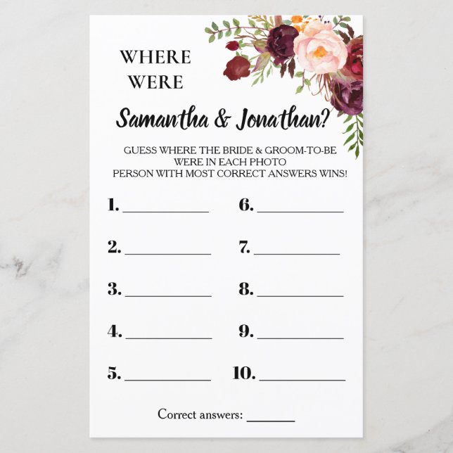 Where were They Marsala Flowers Bridal Shower Game (Front)