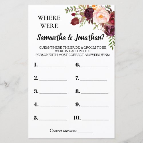 Where were They Marsala Flowers Bridal Shower Game