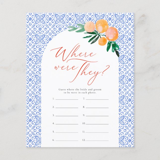 Where Were They Orange Spritz Bridal Shower Game (Front)